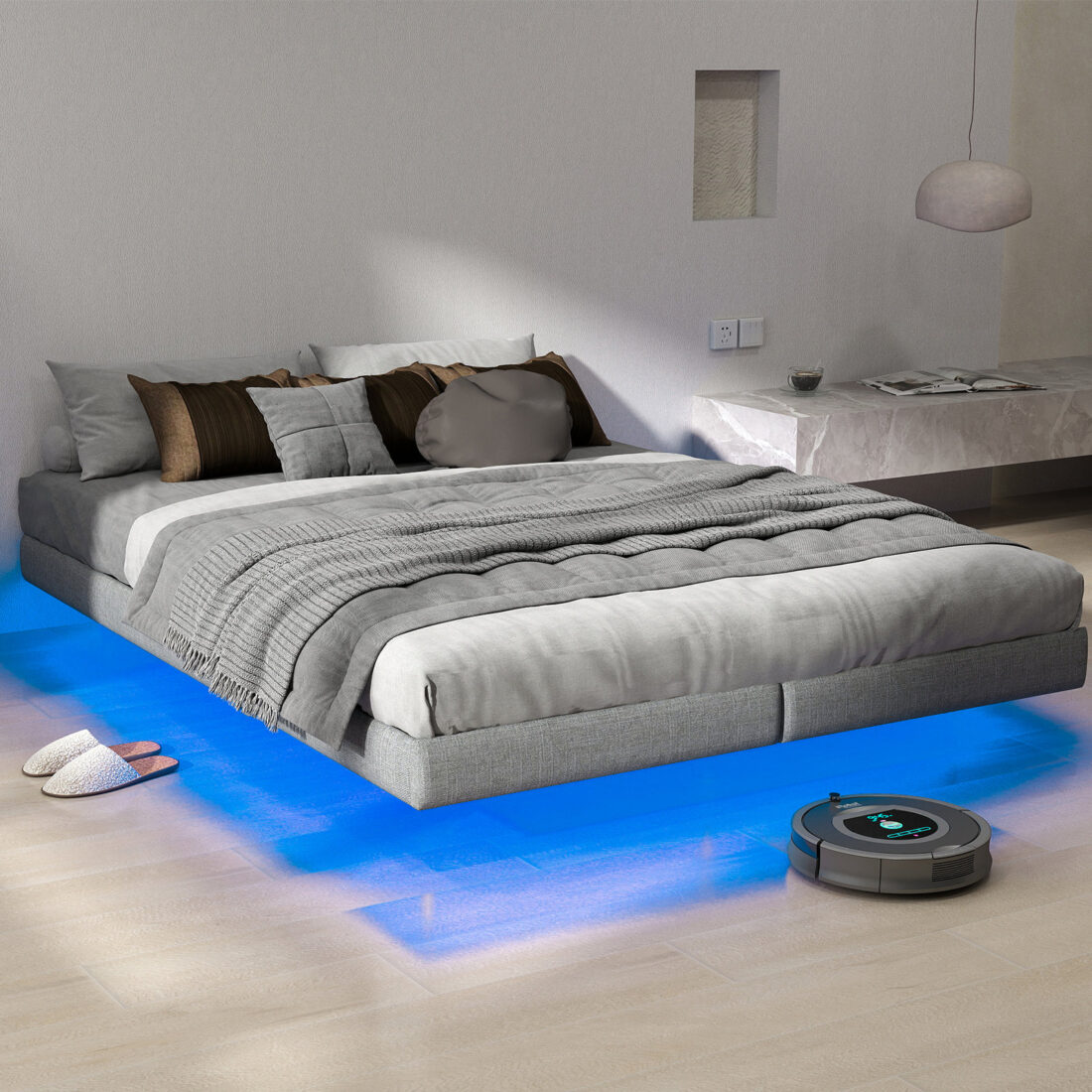 سرير معلق بإضاءة ليد وتصميم مودرن